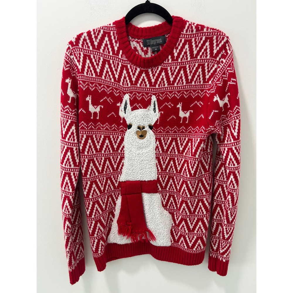 33 Degrees Red Fair Isle Llama Holiday Sweater Scarf Detail Medium